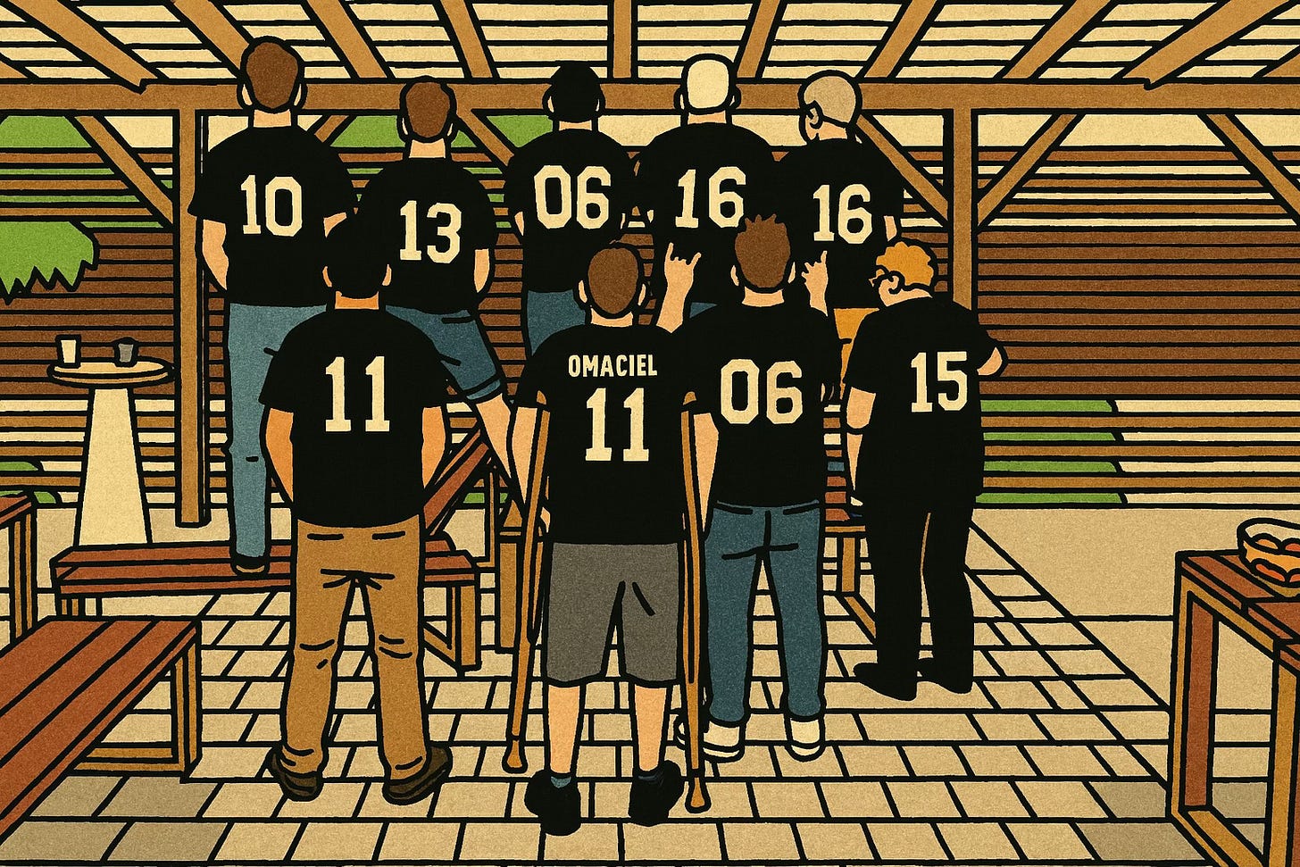 This is a cartoonized rendering of a real photograph. All names and identifying details on the shirts have been removed to respect the privacy of the individuals involved.